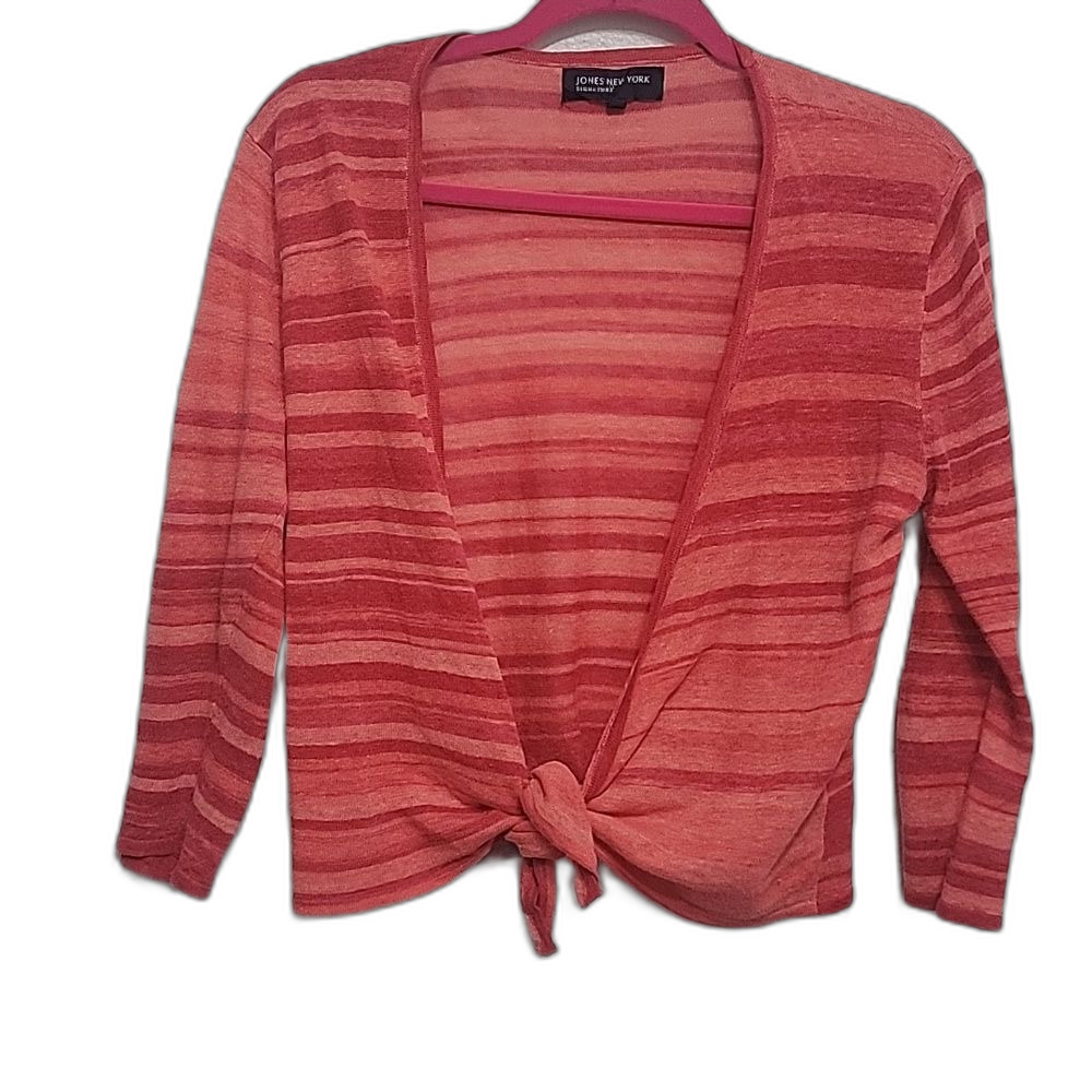 Jones New York Linen Pink Striped Tie Front Cardigan Top Size M Lightweight